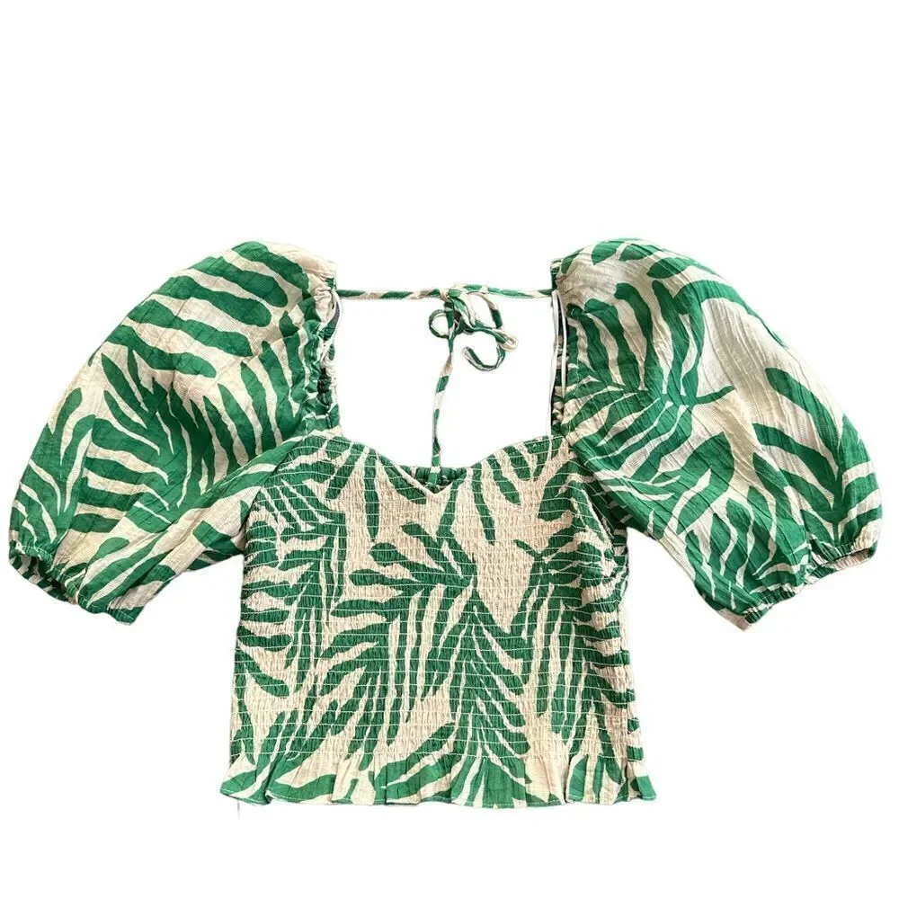 New H&M Light Beige Green Leaf Pattern Smock Top Size XS
